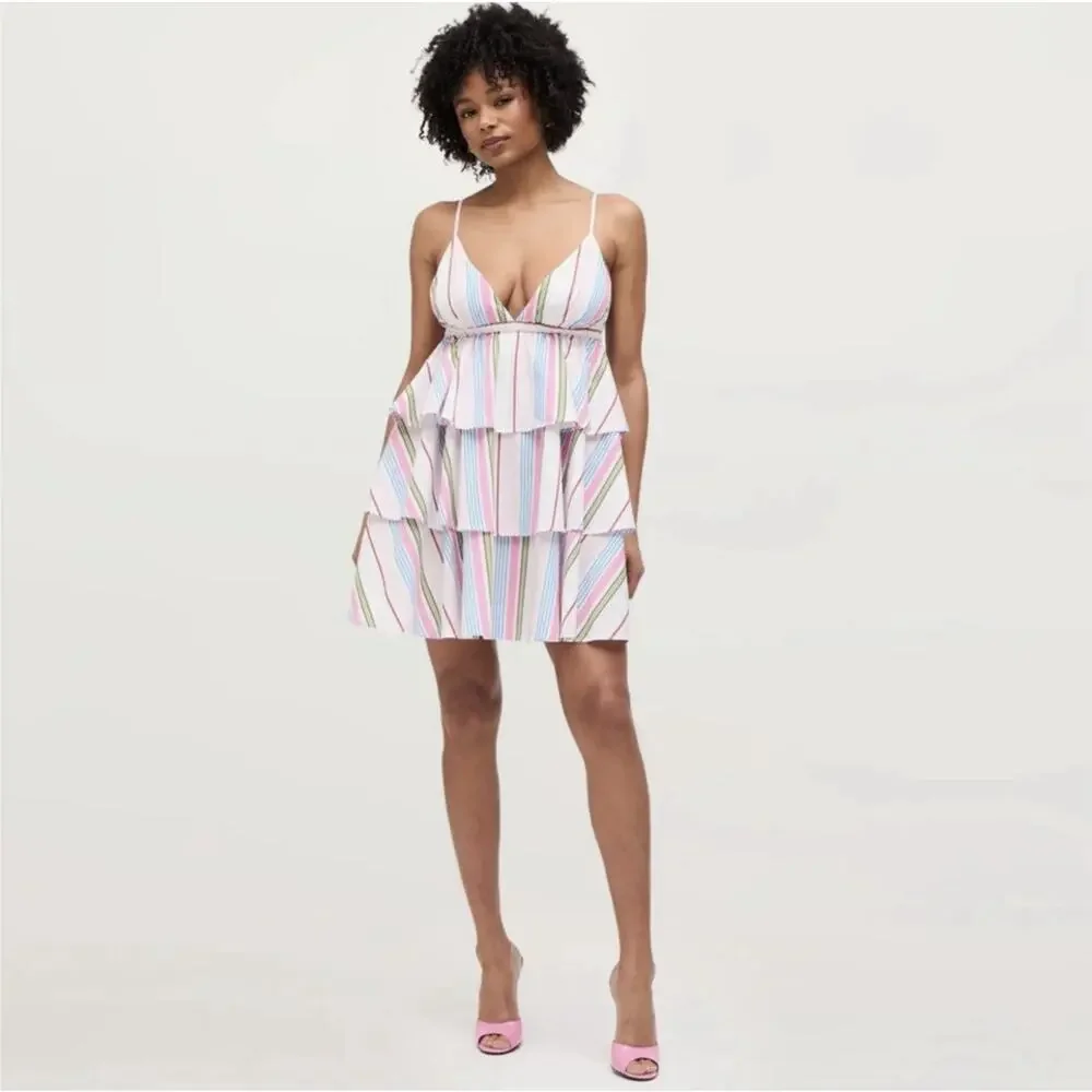 NWT HILL HOUSE Rainbow Stripe Ruffle Tiered Babydoll Gigi Mini Dress Size XL NEW